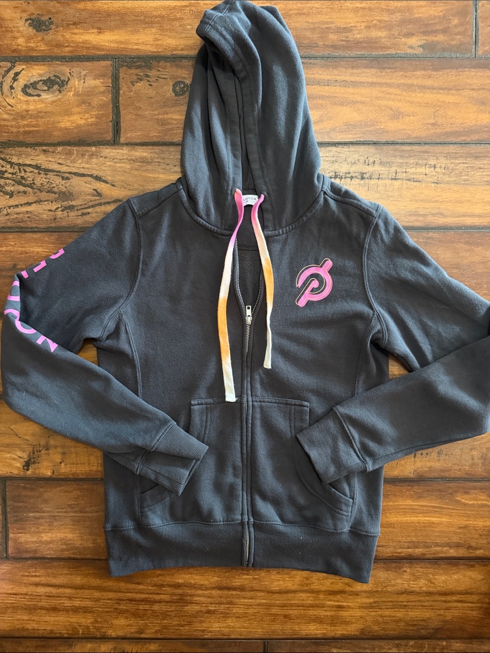 Peloton Charcoal Hoodie with Pink Logo and Gradient Drawstrings